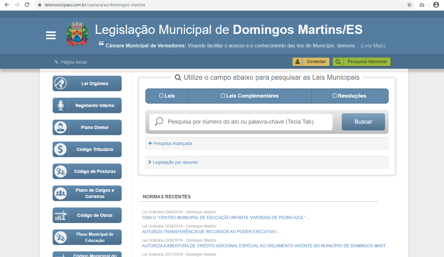 Câmara Municipal coloca no ar a nova plataforma das Leis Municipais de Domingos Martins