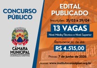 Câmara de Domingos Martins abre concurso com 13 vagas e salários de até R$ 4,5 mil