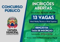 Estão abertas as inscrições para o concurso da Câmara de Domingos Martins